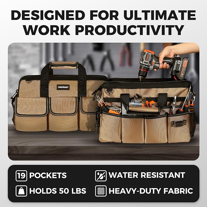 COMOWARE 19-Pocket Tool Bag, Gift for Dad, 16“ Heavy Duty Tool Organizer with Adjustable 51.2" Shoulder Strap, 1680D Oxford Fabric & PVC Coating, Reflective Strips, Tactical Loops, Mechanics