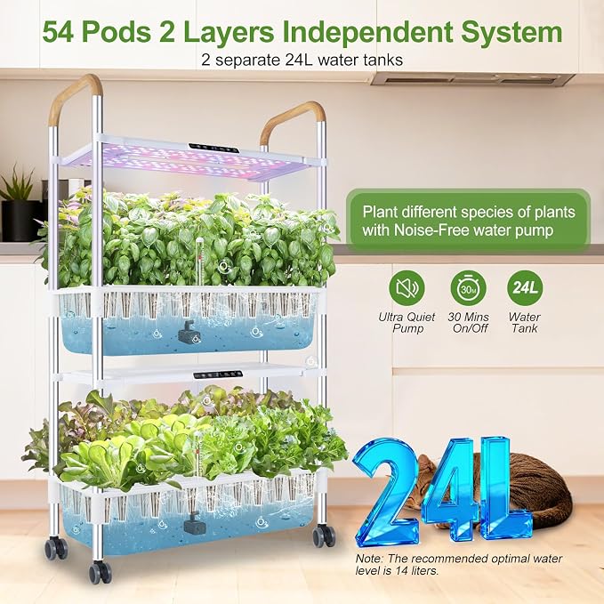 Indoor Hydroponic Growing System with 54 Pods Herbs Garden Kit with 30W Led Grow Light Large Movable 2-Layer Floor-Standing Hydroponic Gardening System for Vegetable Fruit