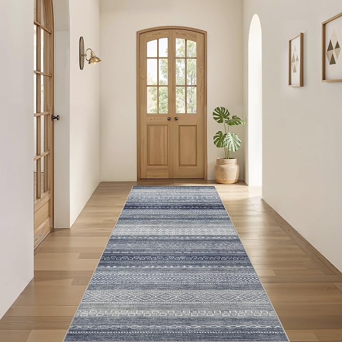 Nakagishi Boho 2x6 Runner Rug Machine Washable Rugs Non Slip Denim Blue | Soft Underfoot, Stain Resistant, Carpet for Bedroom/Kitchen/Entryway/Hallway, Bathroom Pet & Kid Friendly Moroccan Farmhouse