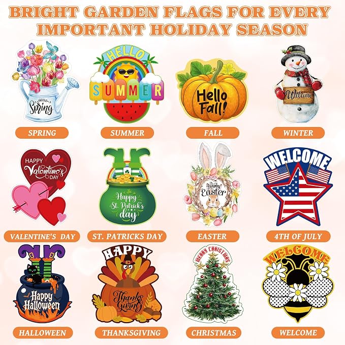 Reallnaive 12 Pcs Solar Seasonal LED Garden Flags 12 x 18 Inch Yard Flags 4th of July Summer Fall Halloween Thanksgiving Day Decorations Welcome Garden Flag Lawn Yard Outdoor Holiday Decoration