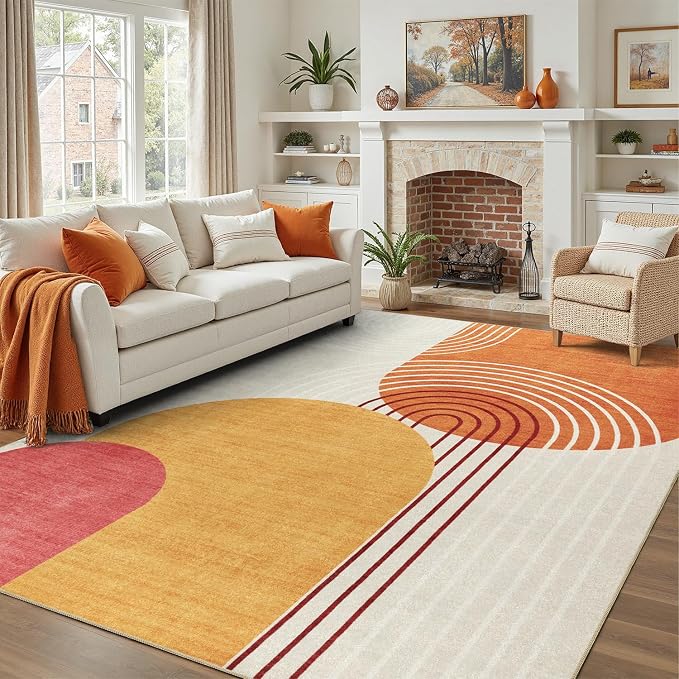 DCX Abstract Washable 10x13 Rug, Non Slip Low Pile Rug, Orange & Yellow | Rugs for living room, bedroom, dining room, office, soft, mid century modern rug, sain resistant indoor carpet, home decor