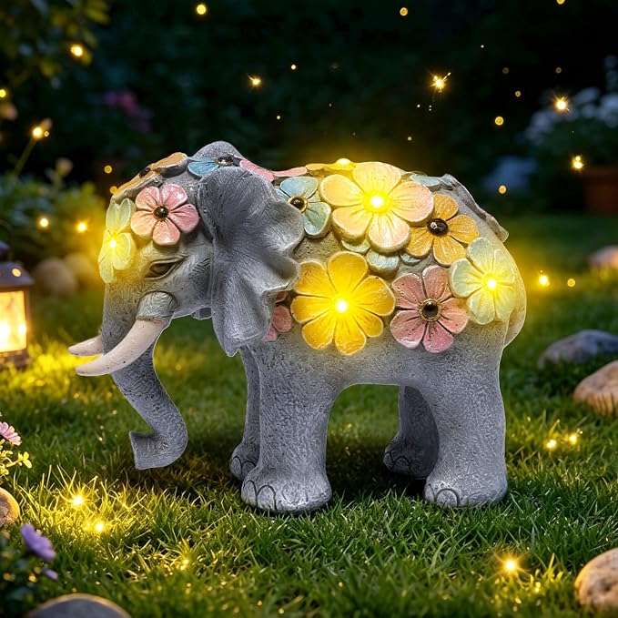 basen Solar Elephant Garden Statue Outdoor Resin Elephant Decor with Lighted Flower Accents, Solar Powered Animal Figurine for Patio Yard Lawn Porch Backyard Gifts for Women