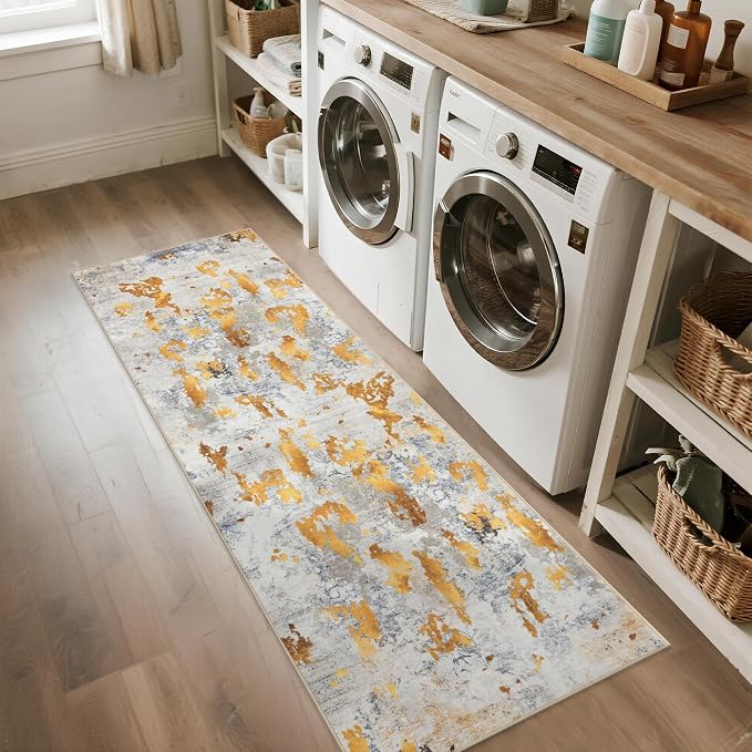 Gold Runner Rugs for Hallway: Abstract Washable Runner Rug 2x6 for Entryway Kitchen Bedroom Bathroom - Modern Cozy Home Decor Long Carpet Mat Stain-Resistant