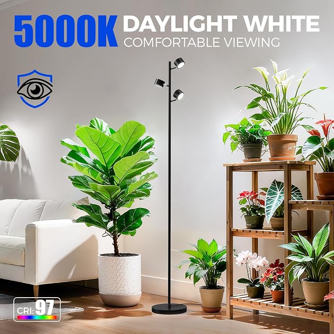 Barrina T1X3 Floor Grow Lights for Indoor Plants, 30W, 5000K, Full Spectrum, Adjustable 3 Heads, High PPFD, 6FT with Foot Switch, Vertical Plants Light for Growing, Standing Grow Lights for Tall Plant