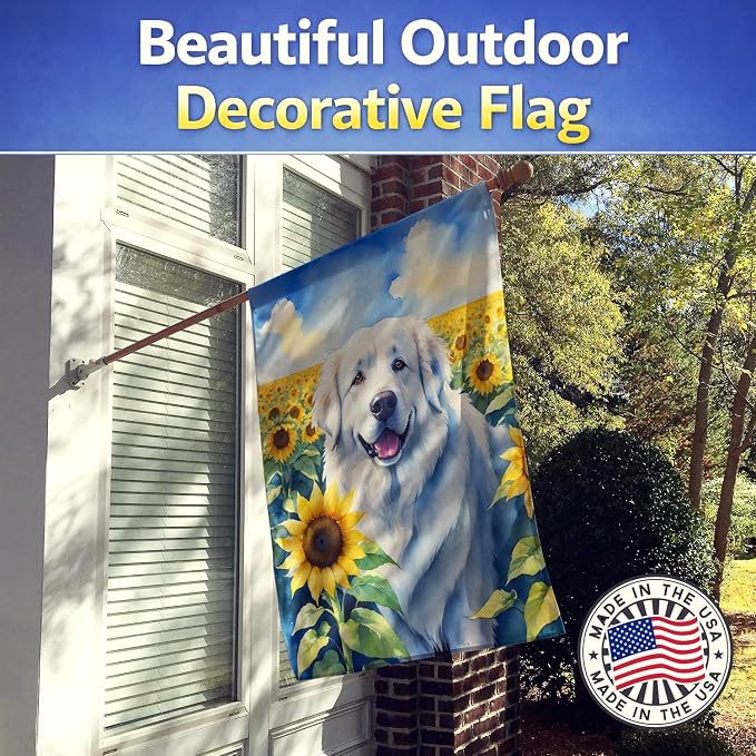 Caroline's Treasures DAC6093CHF Great Pyrenees in Sunflowers House Flag Large Porch Sleeve Pole Decorative Outside Yard Banner Artwork Wall Hanging, Polyester, House Size, Multicolor