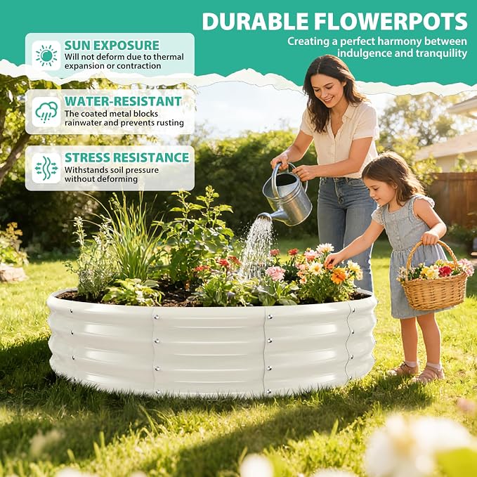 YSEJOMP 5FT Diameter Galvanized Garden Raised Bed/Plant Box/Fire Pit Ring - 0.8mm Thick,12 Inch Tall,Perfect for Planting a Variety of Flowers,Herbs,Vegetables (Cream White, 60 Dia X 12 inches)