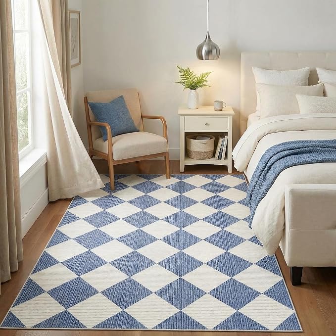 GarveeHome 3x5 Checkered Area Rug Non Slip Washable Entryway Bedroom Rug | Modern Geometric Plaid Navy Blue Carpet Classic Throw Mat for Kitchen Bedside Kids Room Office Dining Room