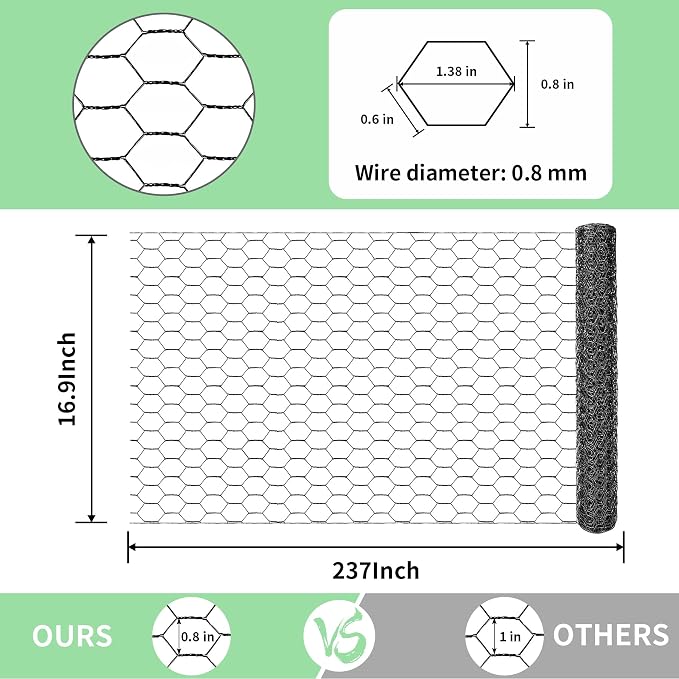 Chicken Wire 16.9 in x 237 in Poultry Wire Netting Hexagonal Galvanized Mesh Garden Fence Barrier for Pet Rabbit Chicken Fencing with 100 Pcs Cable Zip Ties(PVC-Coated)
