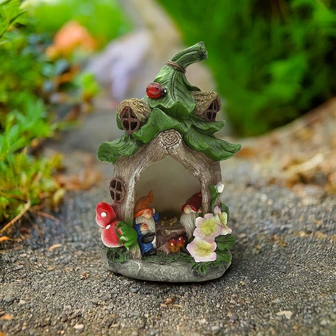 Outdoor Fairy House Garden Statues Accessories with Solar Lights Gnomes Gardening Birthday Gifts for Women Mom Grandma, House Sculpture Figurine Outside Garden Decorations for Yard Patio Porch Decor