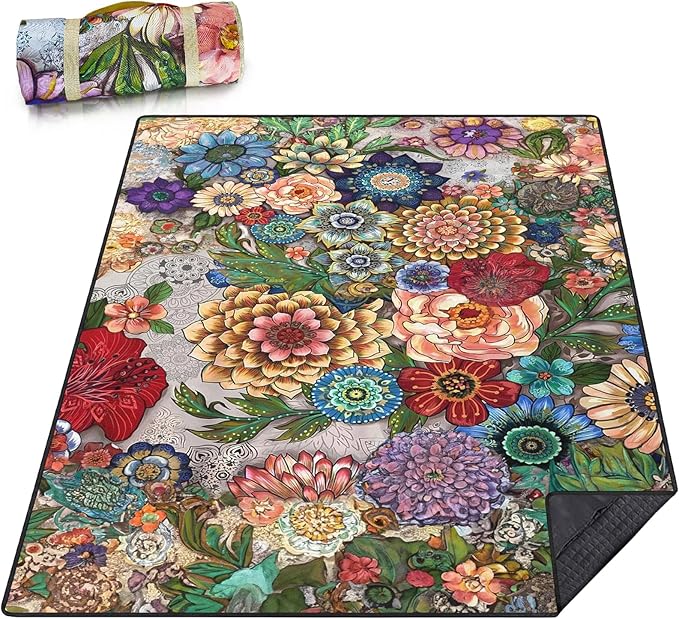 Picnic Blankets Extra Large Waterproof, 80"x 60" Flowers Beach Mat with Corner Pockets Windproof Sandproof Foldable Portable 3-Layer Mat Darker for Wet Grass,Parks,Music Festival,Camping,Concerts