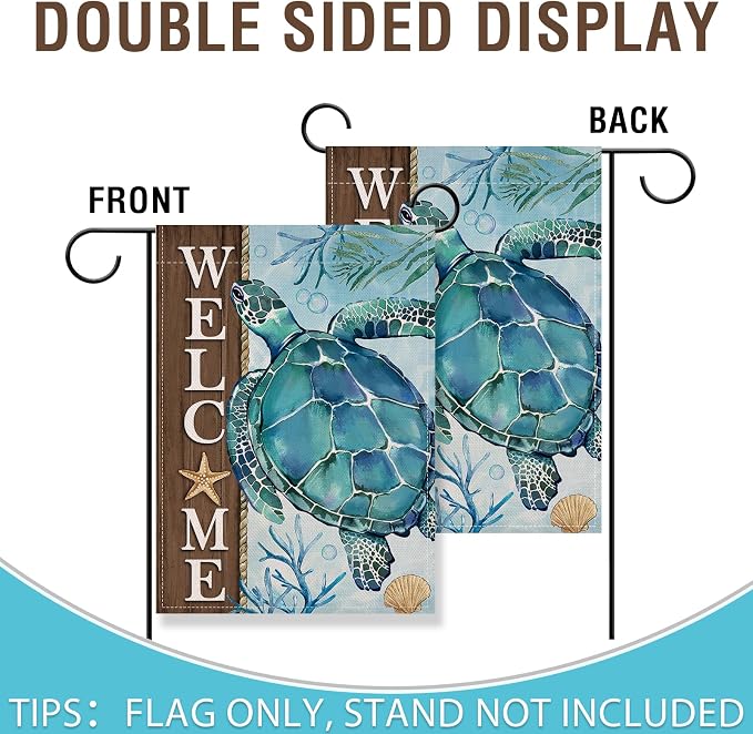 Artofy Welcome Summer Beach Sea Turtle Small Decorative Garden Flag, Coastal Ocean Farmhouse Yard Lawn Outside Decor, Spring Nautical Starfish Coral Burlap Outdoor Home Decoration Double Sided 12 x 18