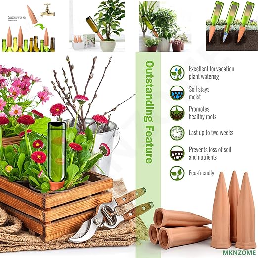 Terracotta Watering Spikes, 8 Pack Plant Watering Devices Self Watering Spikes Vacation Clay Watering Stakes Garden Plant Watering Globes for Indoor & Outdoor Plants