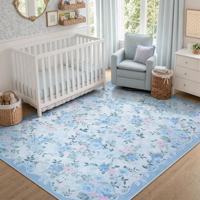 Lahome Blue Rugs for Bedroom 5x7, Low Pile Ultra-Thin Area Rug | Pet Friendly, Easy To Clean Non Slip Carpet For Bedroom, Nursery Or Cozy Corner Decor