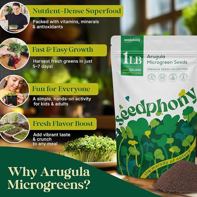 Seedphony Arugula Sprouting & Microgreens Seeds - 220,000 Non-GMO Heirloom Seed, 1lb Resealable Bag - High-Germination Arugula Seeds for Sprouting in Jars, Soil, Hydroponics & Microgreen Trays