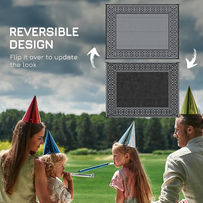 Outsunny Outdoor Rug for Patio, 9' x 12' Waterproof Large Mat, Reversible Plastic Straw Rug for Decor, Portable Outside RV Camping Area Carpet Mat for Backyard Porch Deck Picnic, Black & Gray Border