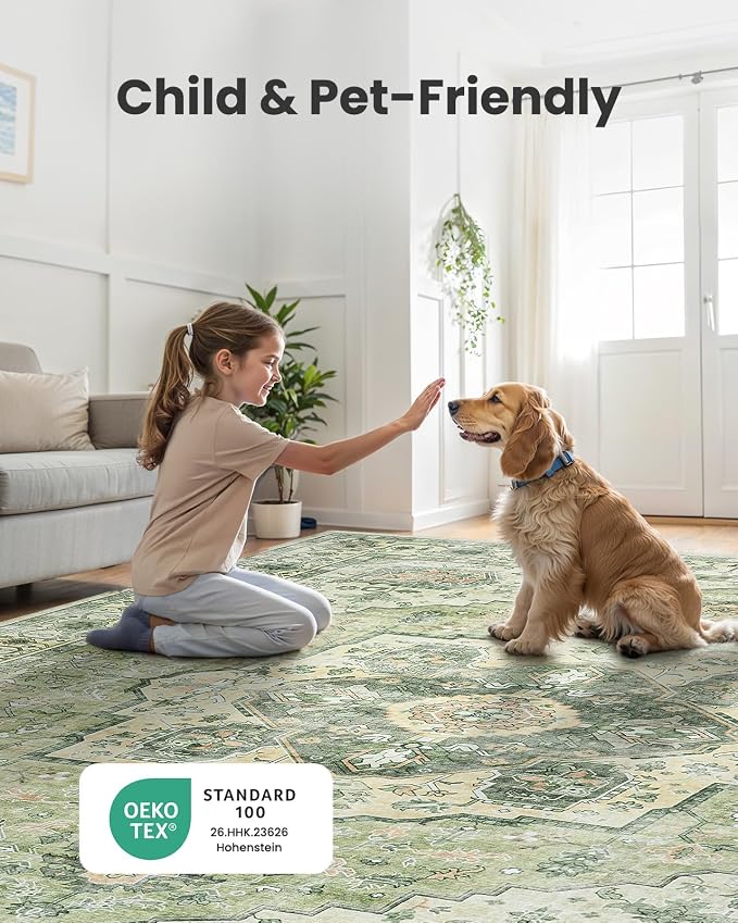 AMADA HOMEFURNISHING 8x10 Area Rug, Washable Low-Profile Large Area Rug with Non-Slip Backing & Durable Edge Binding, Vintage Large Rugs for Living Room, Bedroom