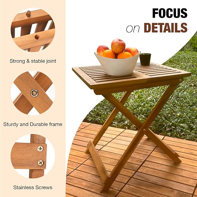 Folding Wooden Side Table – Premium Portable Foldable Table for Outdoor & Indoor Use, Patio, Camping & Small Spaces – Perfect with Adirondack Chairs – Golden Teak Finish