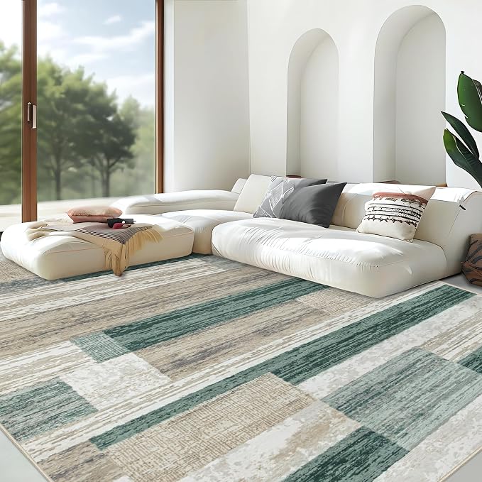 Area Rug for Living Room 9x12: Large Washable Boho Moroccan Rugs Geometric Neutral Rug, Non-Slip Foldable Morden Farmhouse Indoor Floor Carpet for Bedroom Dining Table Home (Green,9'x12')