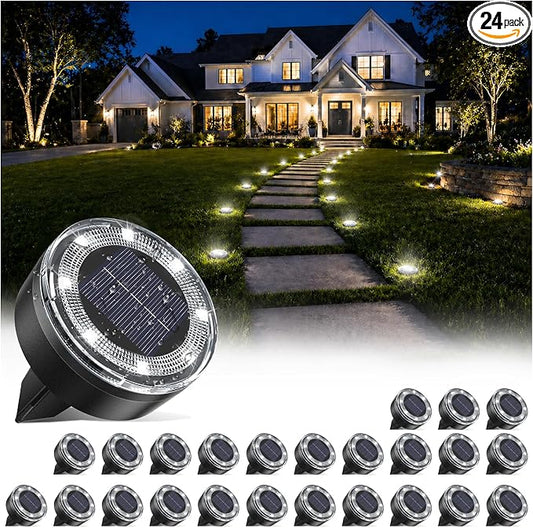 vighep Mini Solar Ground Lights, 24 Pack 2.2 Inch Flat Solar Lights Outdoor Waterproof, Mow‑Over Safe, Upgraded LED Landscape Lighting for Outside Garden Lawn Pathway Patio Yard Driveway,Cold White