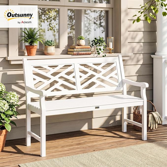 Outsunny Outdoor Garden Bench, Wooden Frame Patio Bench with Geometric Pattern, 43.25 Inch Weatherproof 2-Person Love Seat for Garden, Lawn, Porch, Yard, Work Entryway, White