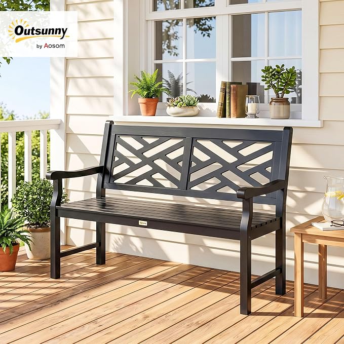 Outsunny Outdoor Garden Bench, Wooden Frame Patio Bench with Geometric Pattern, 43.25 Inch Weatherproof 2-Person Love Seat for Garden, Lawn, Porch, Yard, Work Entryway, Black