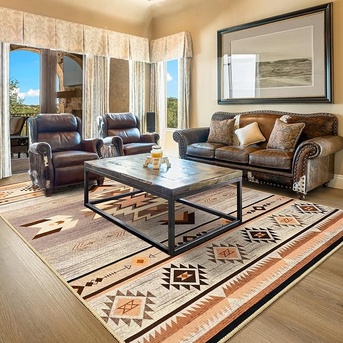 BENRON Western Area Rugs for Living Room Bedroom 6x9, Washable, Warm Beige | Non Slip Large Southwest aztec Rugs for Dining Table Kitchen Home Decor