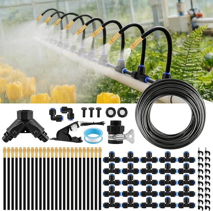 Kalolary 100Ft Misting Cooling System with 360°Adjustable Nozzles,Misters for Outside Patio with 100FT Misting Line& 25pcs Brass Mist Nozzles Outdoor Mister for Garden Greenhouse Plant Drip Irrigation