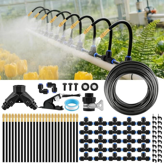 Kalolary 100Ft Misting Cooling System with 360°Adjustable Nozzles,Misters for Outside Patio with 100FT Misting Line& 25pcs Brass Mist Nozzles Outdoor Mister for Garden Greenhouse Plant Drip Irrigation