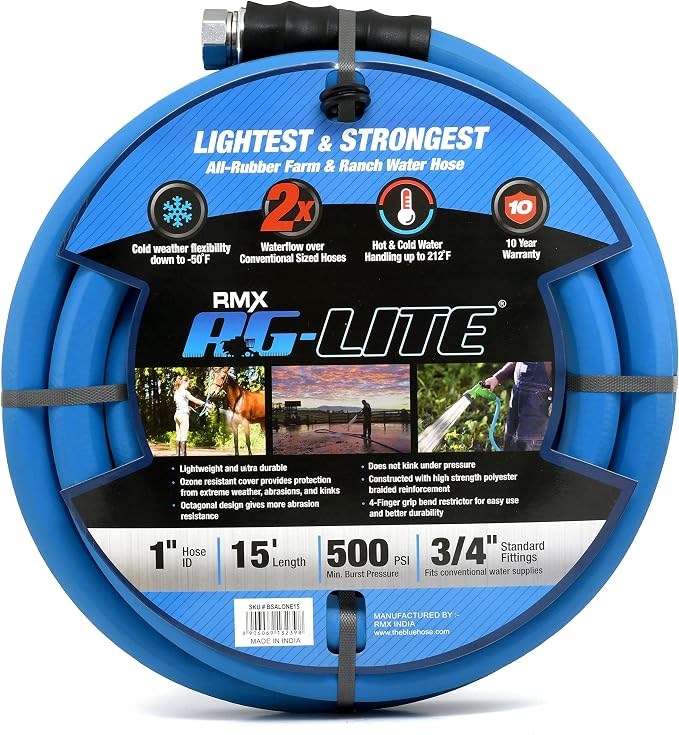 AG-LITE BSALONE15 1" x 15' Hot/Cold Water Rubber Garden Hose, 100% Rubber, Ultra-Light, Super Strong, 500 PSI, 50F to 190F Degrees, High Strength Polyester Braided, 2x Water Flow