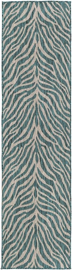 Unique Loom Outdoor Safari Collection Area Rug - Tsavo (2' x 8' Runner, Teal/ Ivory)