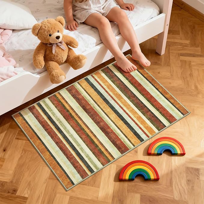 jinchan 2x3 Striped Rug for Entryway Washable Kitchen Rug, Caramel Dusk | Non-Slip, Thin, Lightweight, for High-Traffic, Decor Carpet, Modern, Small, Doormat, Indoor Entrance, Laundry Room, Bathroom