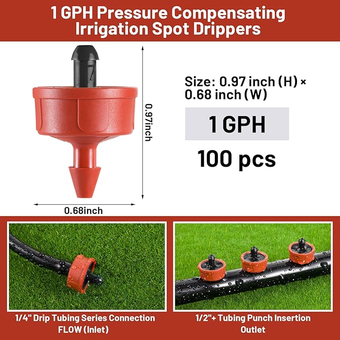 100 PCS 1 GPH Pressure Compensating Drip Irrigation Spot Watering Dripper, Standard Flow Drip Irrigation Emitters Heads for Vegetables Flowers Irrigation Drippers Parts for Outdoor Garden Beds Balcony