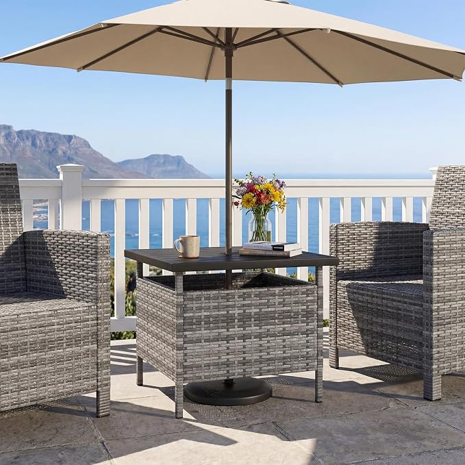 Giantex Umbrella Table, Outdoor Side Table with 2" Umbrella Hole, Rattan Umbrella Stand Holder, Heavy Duty Metal Frame, Patio Bistro Table for Deck Garden Poolside, Mix Gray (HDPE Tabletop)