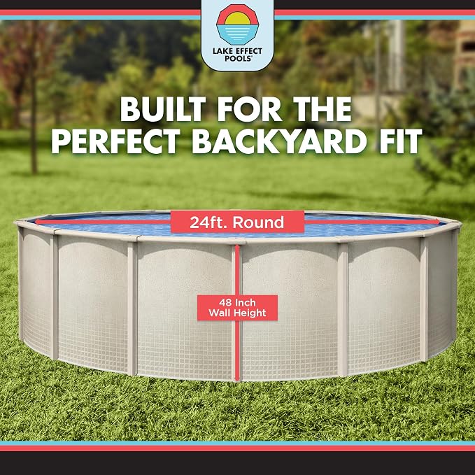 Lake Effect Pools 'Impressions' 24 ft Round Above Ground Swimming Pool | 48 Inch Resin Protected Steel Sided Walls | Bundle Includes: 25 Gauge Bedrock Overlap Liner & Widemouth Skimmer