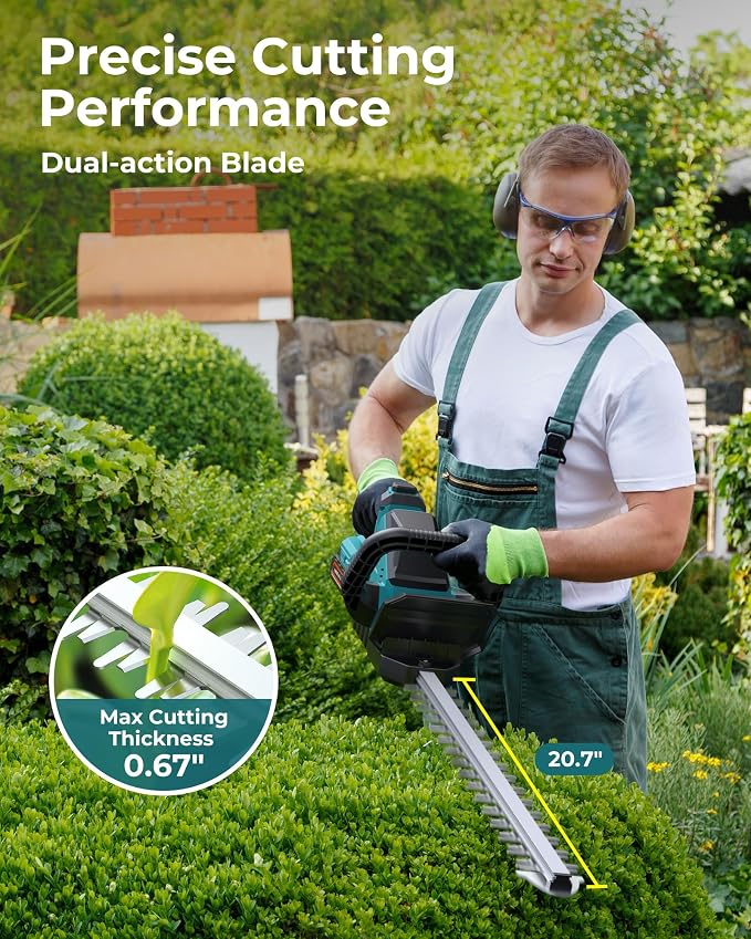 Hedge Trimmers Cordless with Battery, 3000RPM Brushless Electric Bush Clipper with 2 Pack Rechargeable Batteries, 20'' 180° Rotatable Head, 2/3'' Blade Gap, Gardening Gifts for Men Dad Father