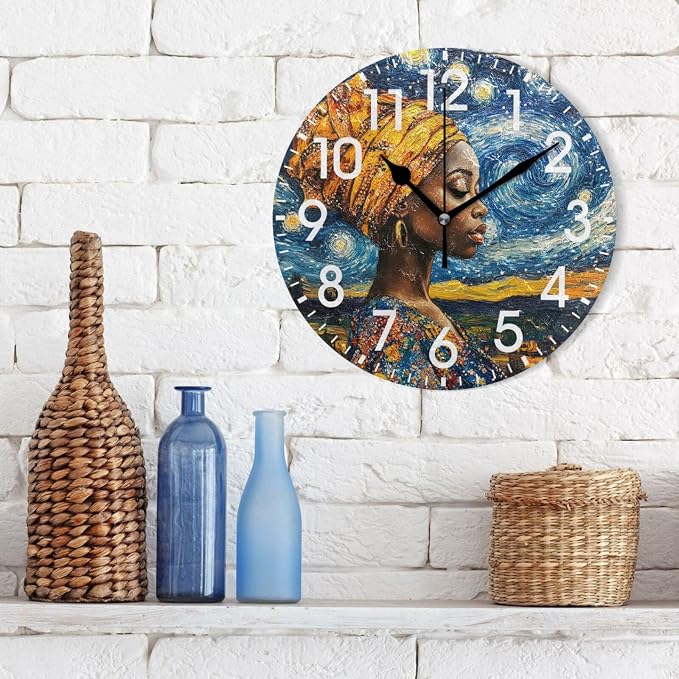 ALAZA Home Decor African Women Starry Sky Round Acrylic 9.84 Inch Wall Clock Non Ticking Silent Clock Art for Living Room Kitchen Bedroom