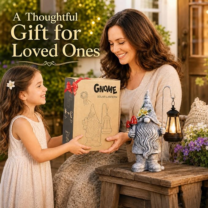 Garden Gnome with Solar Lantern: Outdoor Weatherproof Statue | Home Yard Lawn Porch Balcony Patio Decor,Birthday Gifts for Mom Women Grandma
