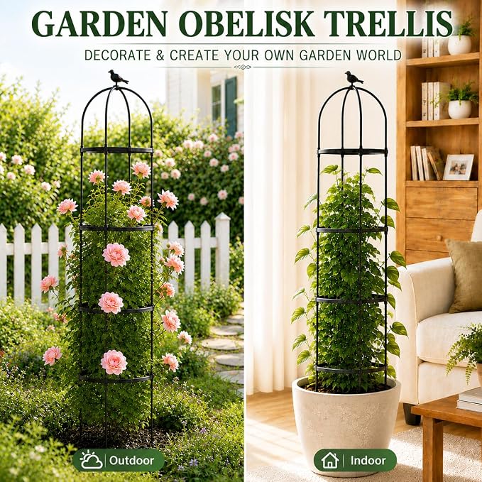 Garden Obelisk Trellis for Climbing Plants Outdoor, 6 ft Tall Trellis for Roses Clematis Jasmine Ivy Flower Light Climbing Vines Potted Plant Support, Patio, Yard, Black, 2PCS