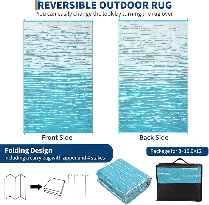 Garvee Waterproof Outdoor Rug for Camping, 5x8 Abstract Outdoor Patio Rug Plastic Straw RV Rugs for Outside, Reversible UV Resistant Modern Mats for Picnic Backyard Deck Balcony, Light Blue