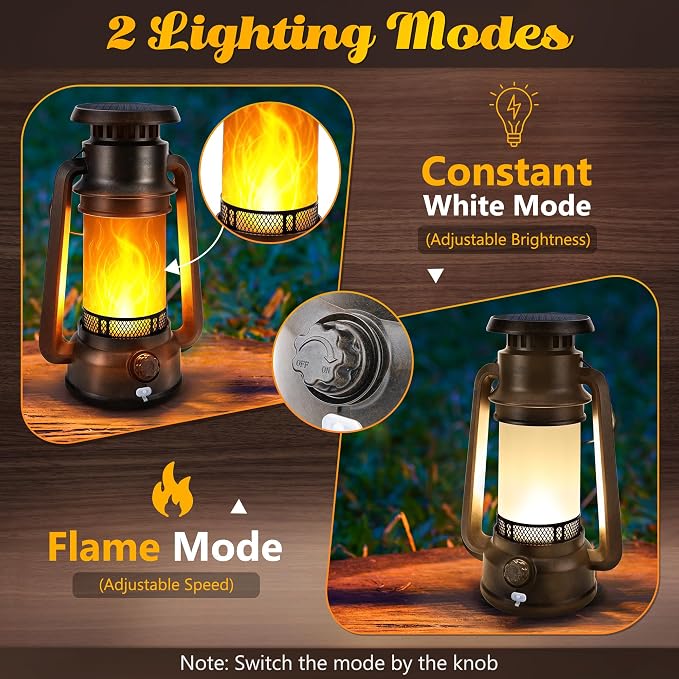 Toodour Solar Lantern Outdoor Lights, 2 Pack Vintage Solar Camping Lantern with 2 Modes, Dual Charging Solar/USB Waterproof Hanging Solar Light for Camping Patio Garden Yard Porch Outdoor Indoor Decor