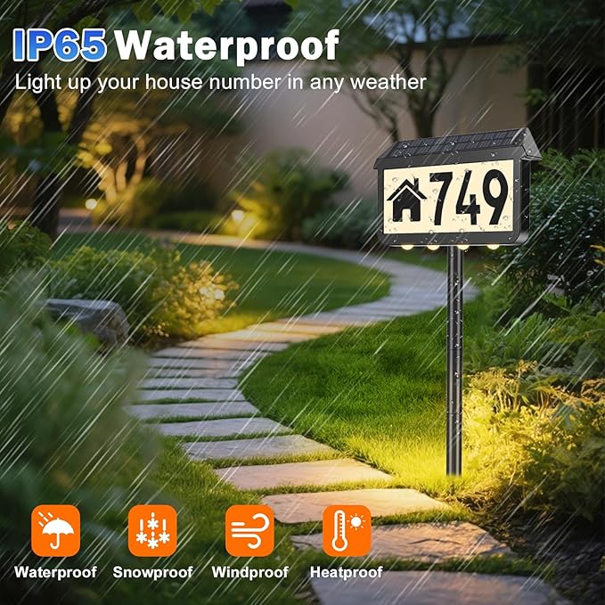 Brightever Solar Address Signs, House Number for Outside Waterproof, 3-Color LED Illuminated Address Plaques with Stake, Wall Mounted Solar Powered Light Up Address Numbers for Houses, 1-Pack
