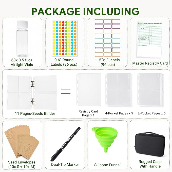 Volitaous 60-Slot Seed Storage Organizer Box with Seed Binder | Seed Containers Storage & Tracking, with 30-Pockets Seeds Binder, For Flower/Vegetable/Plants/Garden Seeds