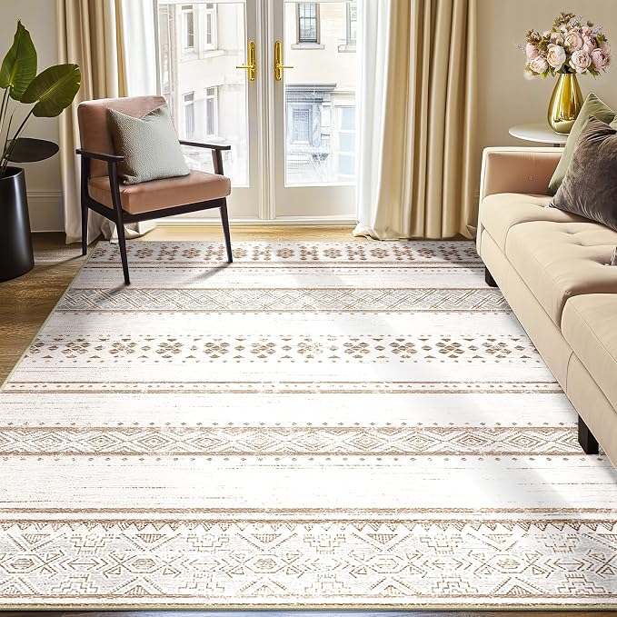6x9 Washable Area Rugs for Living Room Boho Bedroom Rug Cream/Brown/Pink | Vacuum Friendly, Machine Washable, Non-Slip Rug, Stain Resistant, Moroccan Geometric, Low Pile Carpet, Dining Room Kitchen