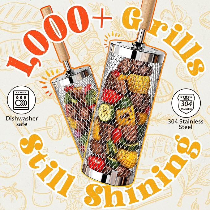 Rolling Grill Basket 2-Pack,304 Stainless Steel Grill Basket with Removable Wooden Handle,BBQ Tool & Smoker Accessory for Grill Rotisseries Veg & Shrimp,Ideal for Outdoor Cooking,Camping & Gifts for Dad/Husband/Men