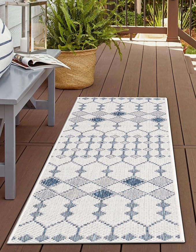 Unique Loom Outdoor Trellis Collection Area Rug - Traliccio (2' 11" x 10' Runner, Ivory/ Navy Blue)