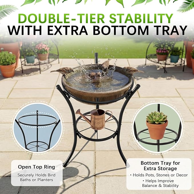 16" Tall Metal Bird Bath Stand, 2-Tier Wrought Iron Plant & Gazing Ball Stand with 6 Non-Slip Pads, Sturdy Multi-Use Flowerpot Holder for Outdoor Indoor Garden Patio