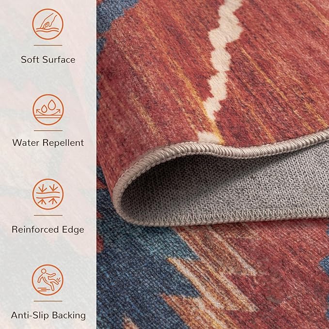 4'x6' Washable Area Rug for Living Room Bedroom Red/Orange | Soft Western No Slip Low Pile Print Foldable Indoor for Kitchen Dining Room