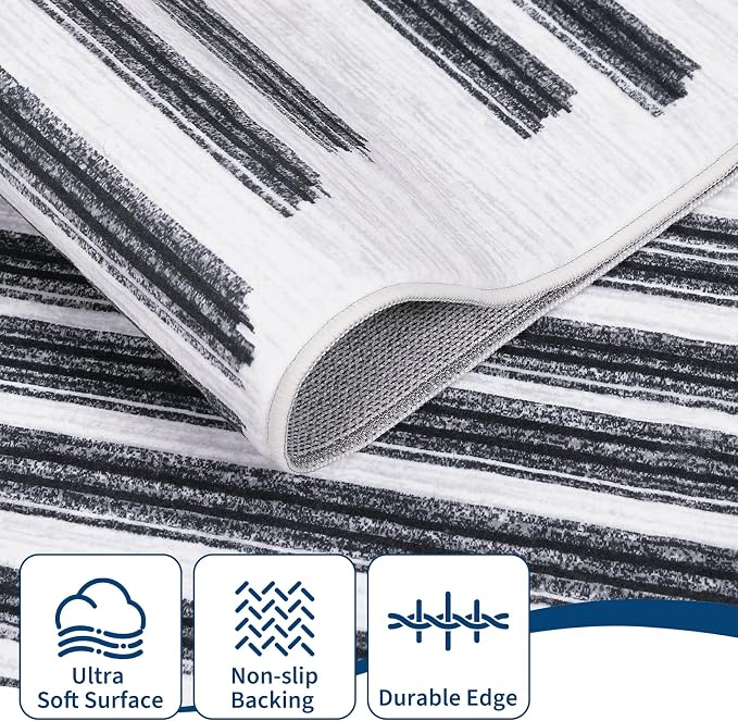 GarveeHome 2x3 Washable Rug for Hallway Bedroom Non Slip Low Pile Carpet | Modern Striped Small Entryway Rugs Geometric Stain Resistant Soft Kitchen Rug, Black Grey