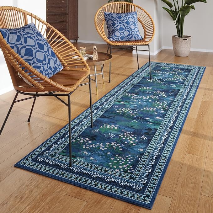 Rugcomf Runner Rug Impressionist-Style Vintage Kitchen Rugs Non Slip Washable Soft Carpet Runner for Kitchen Laundry Bedroom Bathroom, Blue