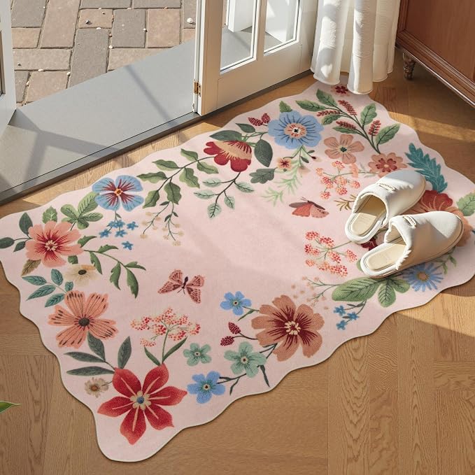 Lahome Floral Pink Rugs for Entryway, 2X3 Washable Kitchen Rug Non Slip | Ultra-Thin Indoor Door Mat Stain Resistant Boho Small Carpet for Bathroom Bedroom Flore (2x3ft, Light Pink)
